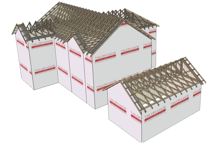 a 3D model of a house and garage featuring standard roof trusses