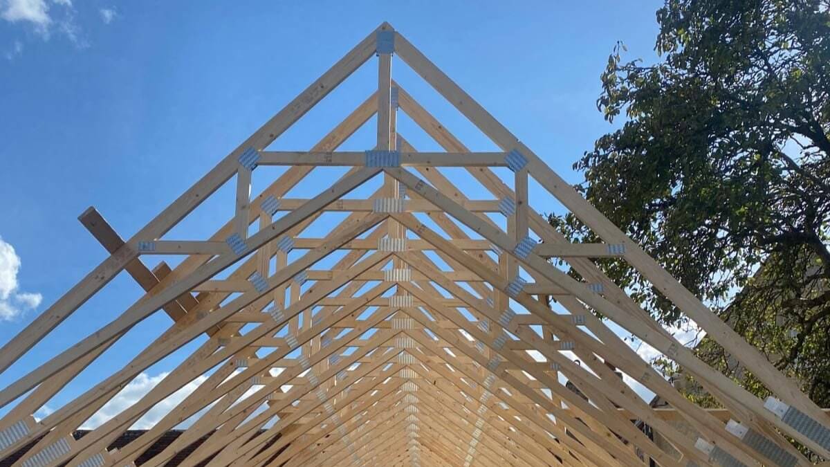 scissor trusses installed on a building