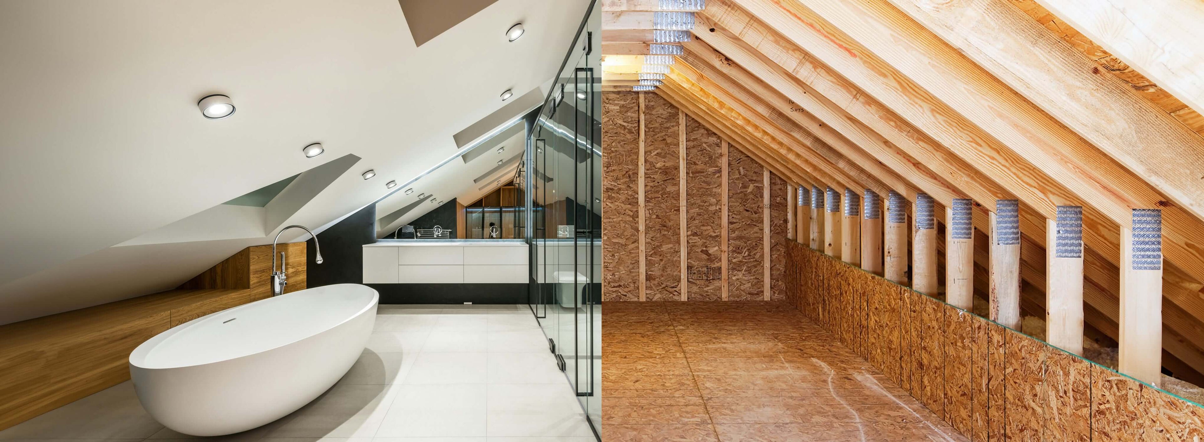 a side by side of attic trusses and a finished bedroom in the attic