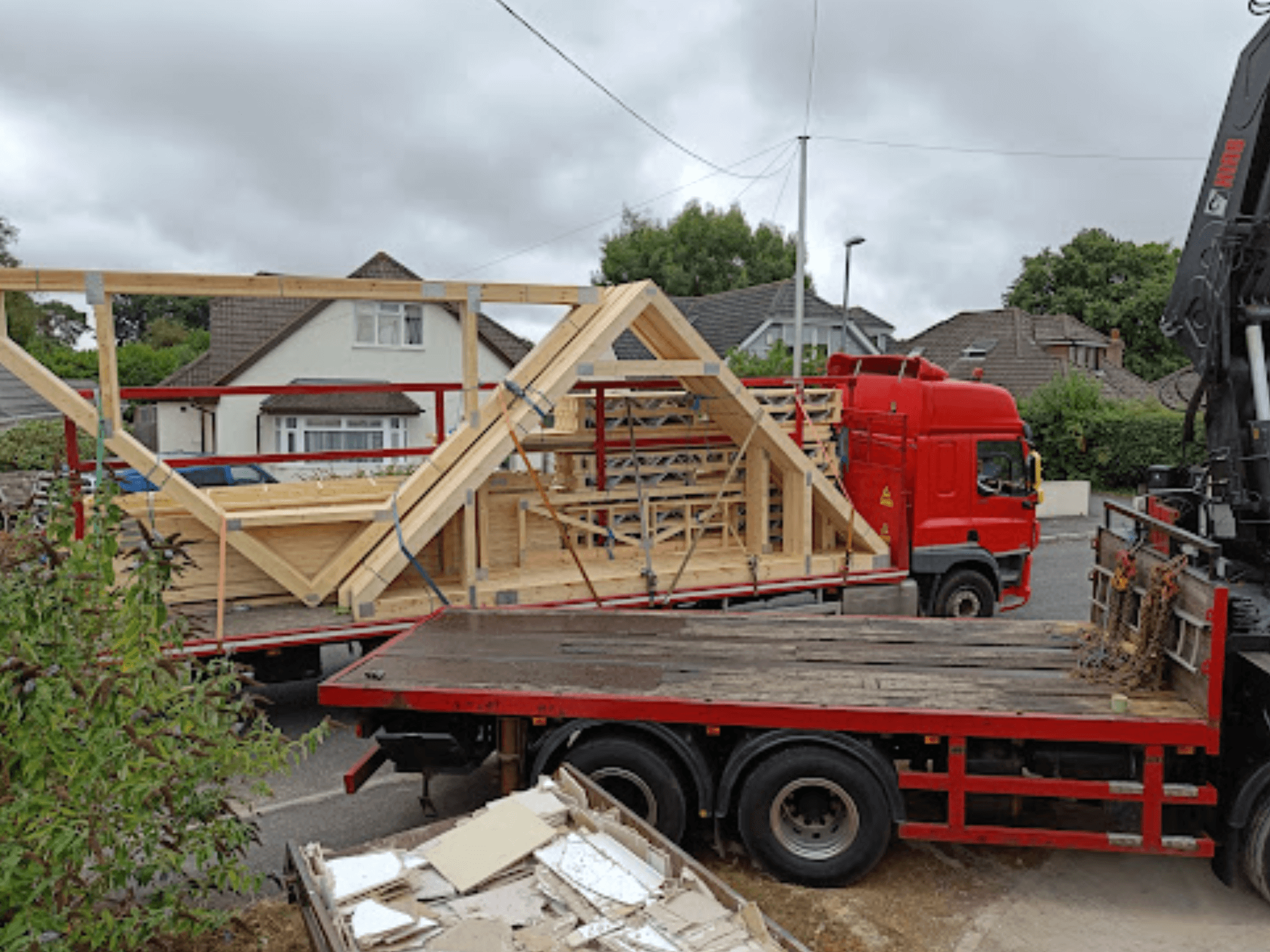 attic trusses on a lorry being delivered