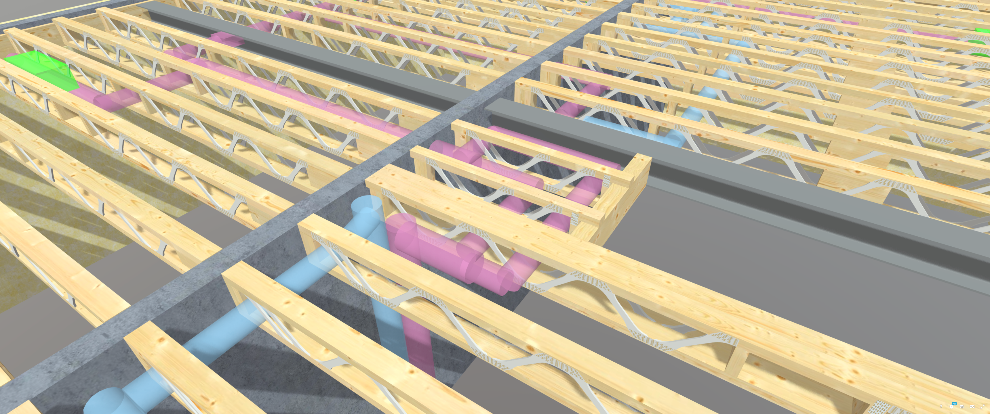 an animated image of posi-joists with services routed through