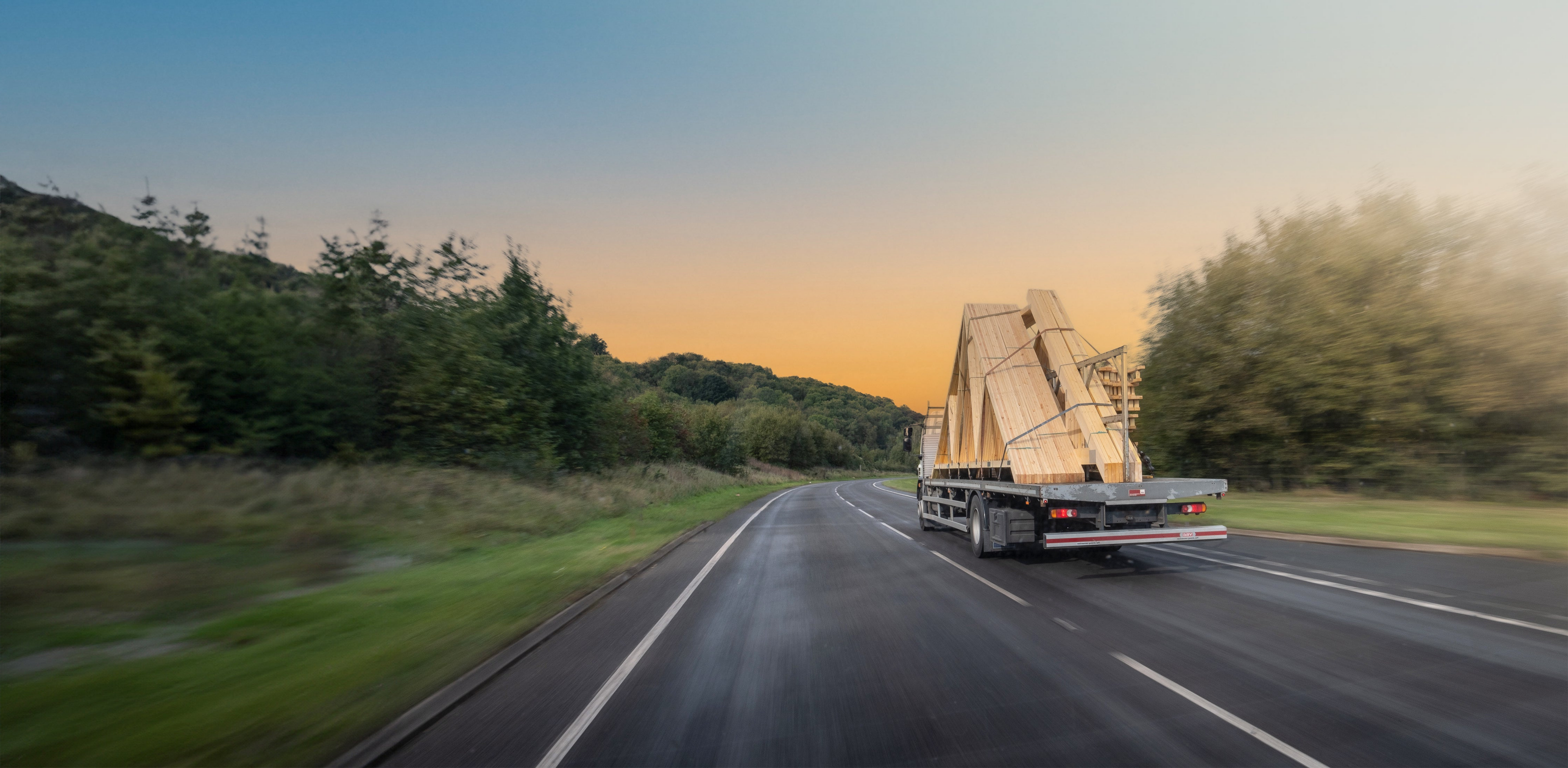 roof trusses on a lorry being delivered