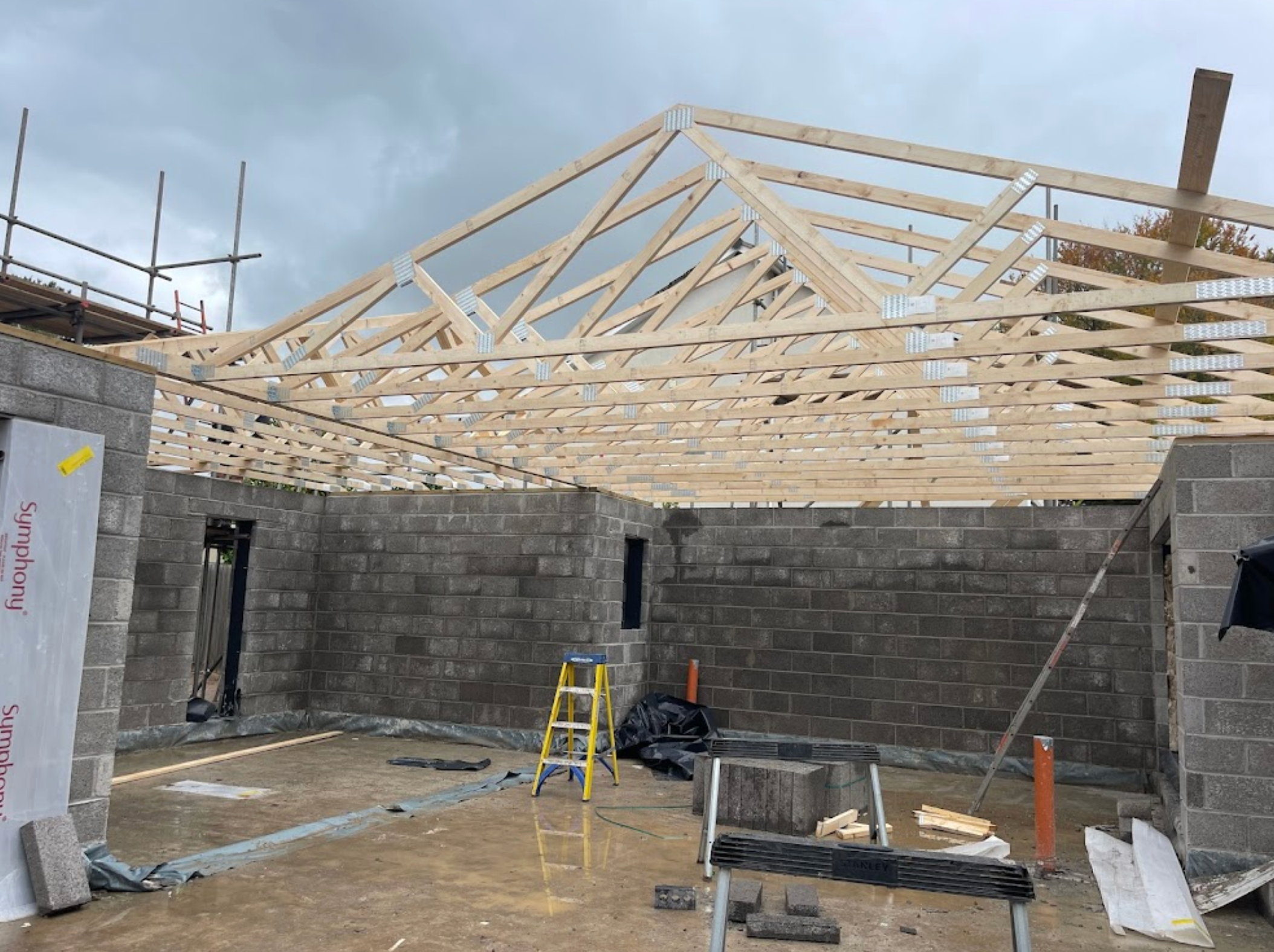 roof trusses installed on a soon to be home