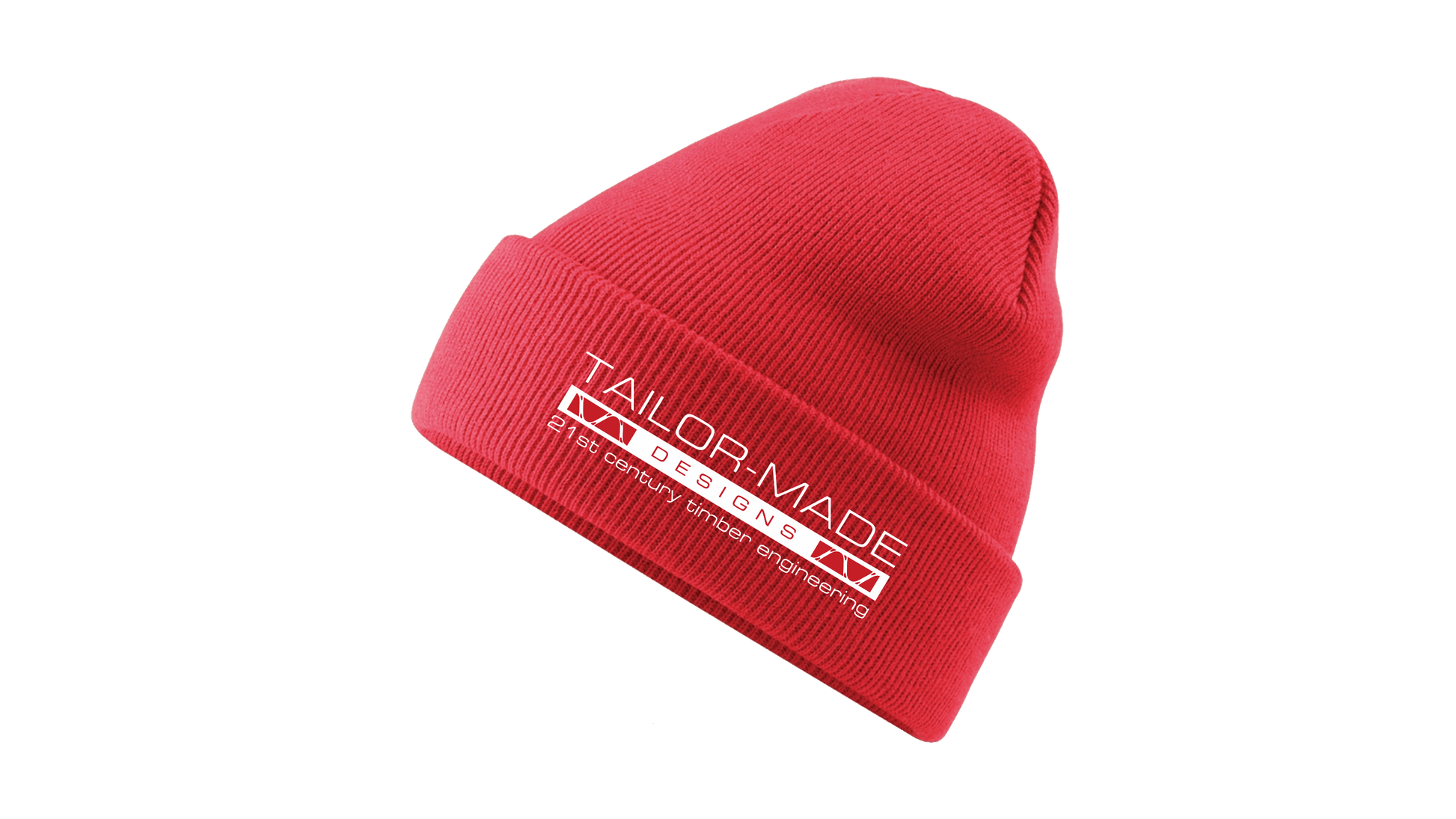 red beanie with tailor made designs logo on the brow