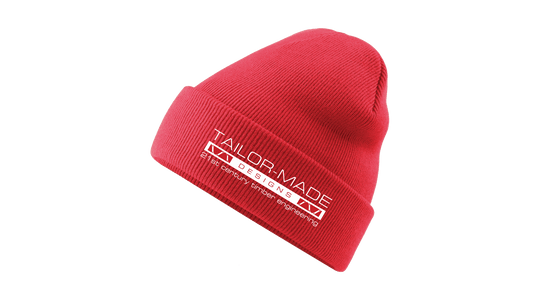 red beanie with tailor made designs logo on the brow