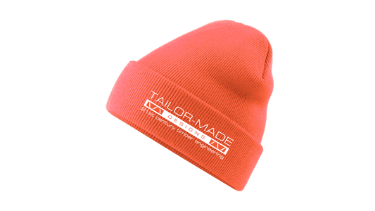 orange beanie with tailor made designs logo on the brow