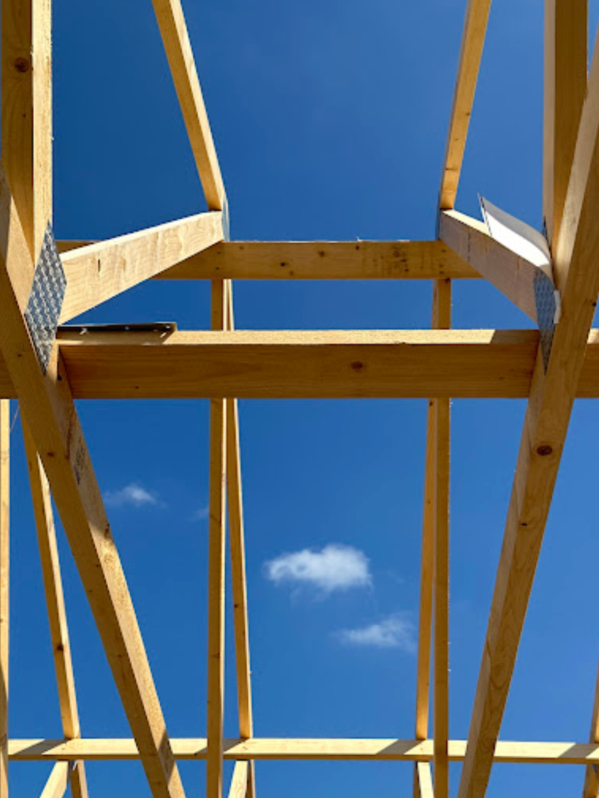 roof trusses with a blue sky taken from below